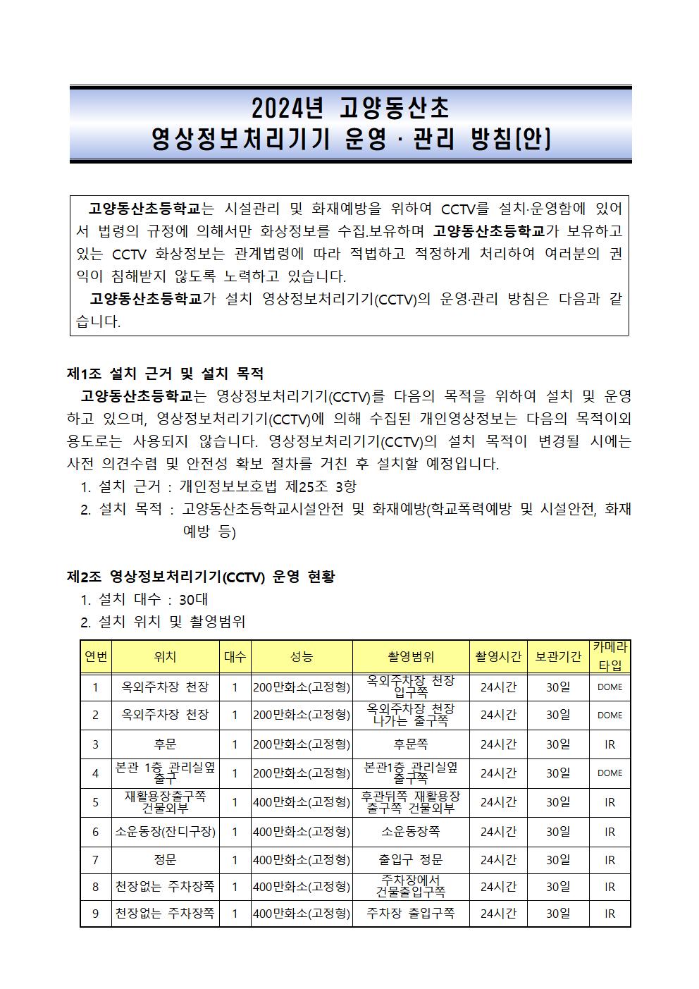 2024년 고양동산초 영상정보처리기기 운영관리계획001